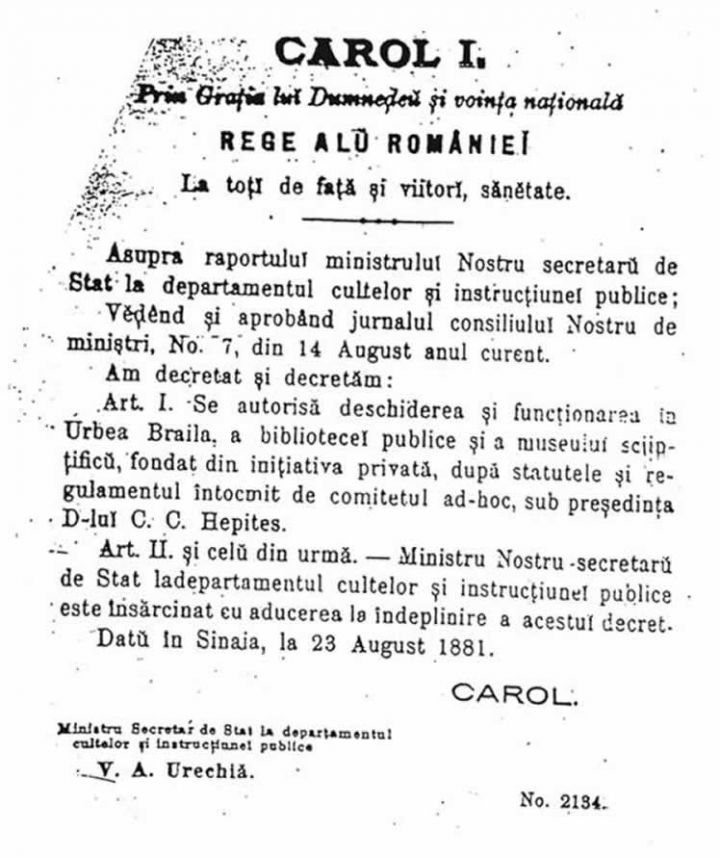 Decret regal, Carol I, infiintare muzeu Braila